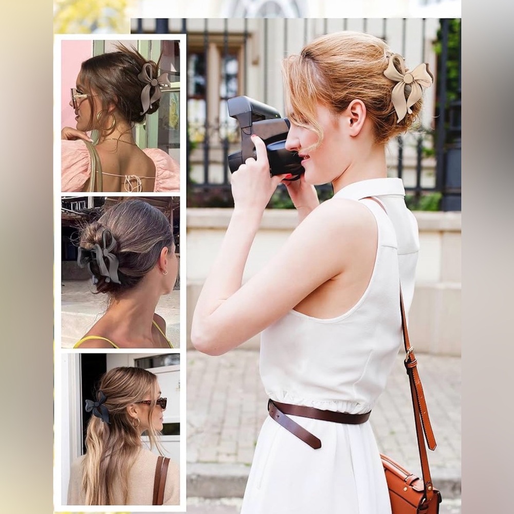 4 Piece Elegant Bow Hair Claw Clip Set - Tan, Brown, Gray and Black - Picture 5 of 6